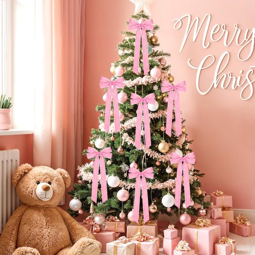MUKOSEL Pink Velvet Bows - 12Pcs 5in X 10in Christmas Tree Decorations | Vintage Holiday Ornaments