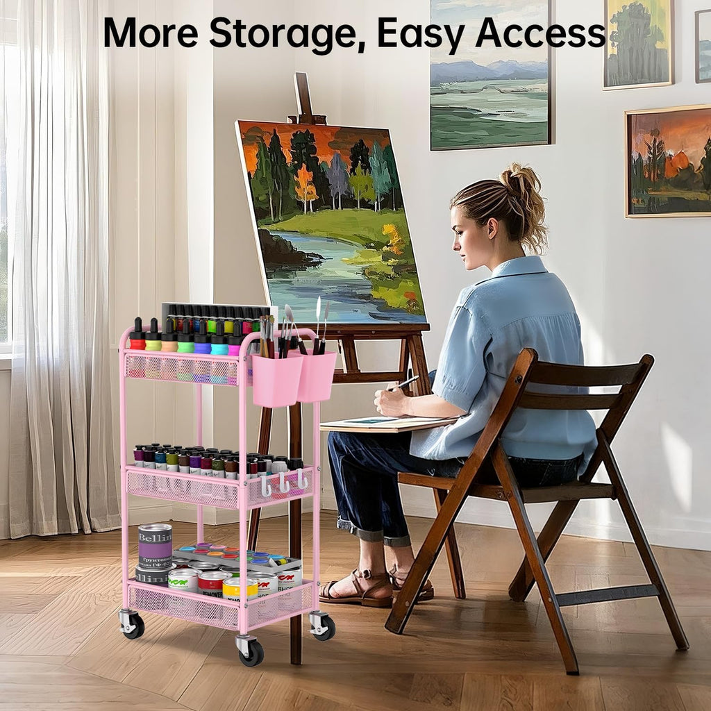 YASONIC 3-Tier Rolling Cart - Metal Utility Storage with Wheels, Craft Organizer, Pink