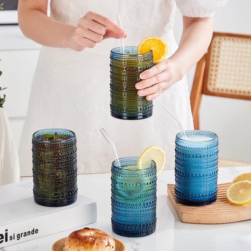 HomeVogue Vintage Hobnail Drinking Glasses Set of 12, 15oz Textured Tumblers - Embossed Blue Bar Glasses for Cocktails, Beer, Whiskey, Dishwasher-Safe Highball Cups for Kitchen, Juice & Mixed Drinks