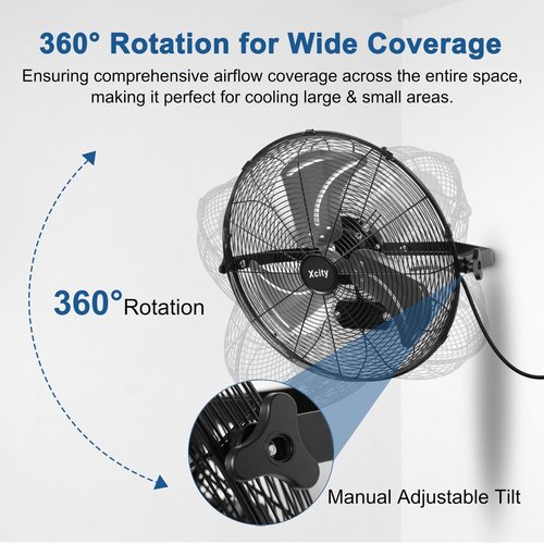 Xcity 18 Inch Metal Wall Mounted Fan, Max 4200 CFM High Velocity Industrial Fan with 3 Speeds & 360°Adjustable Tilt for Warehouse, Workshop, Greenhouse, Commercial