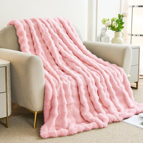 Faux Rabbit Fur Throw Blanket for Couch, Fluffy Warm Plush Thick Bubble Blanket for Bed Sofa Living Room, Soft Cozy Furry Blanket, 50x60 inches, Pink