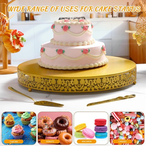 Wenqik 18 Inch Christmas Cake Stand Gold Metal Round Cupcake Dessert Stand with Cake Cutting, Spatula Xmas Cupcake Pastry Display Candy Holder Display for Xmas Wedding Birthday Party(flower, 18 Inch)