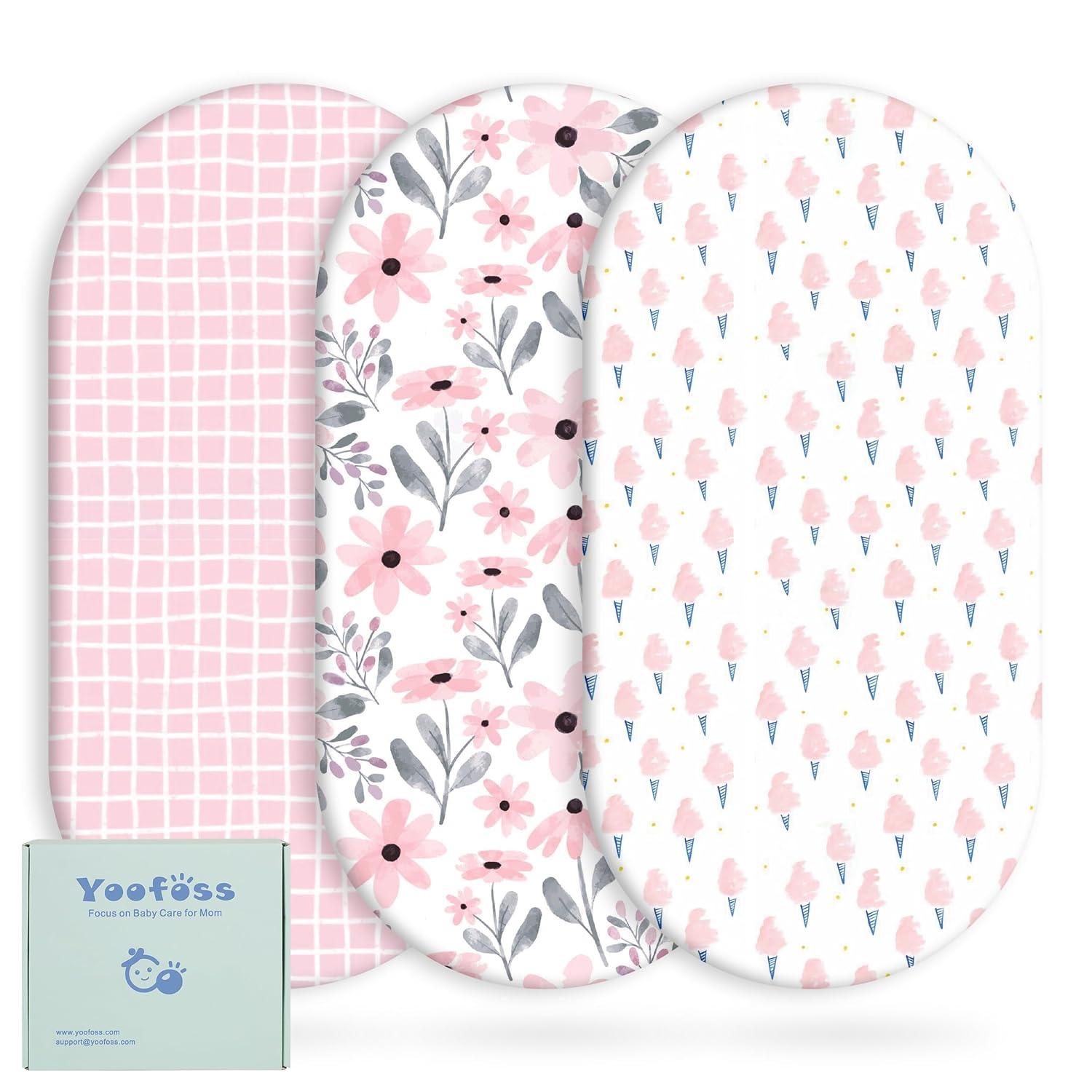 Yoofoss Bassinet Sheets - 3-Pack Fitted Sheets for Halo Bassinest | Soft & Breathable (Pink & Floral)