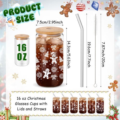 Acellegic 24 Pack Winter Glass Cups Gifts 16 oz Snowflake Glass Tumblers with Lids Straws Brushes Winter Christmas Coffee Cups for Women Men Employee Coworkers Holiday Party Favors (Fresh Style)