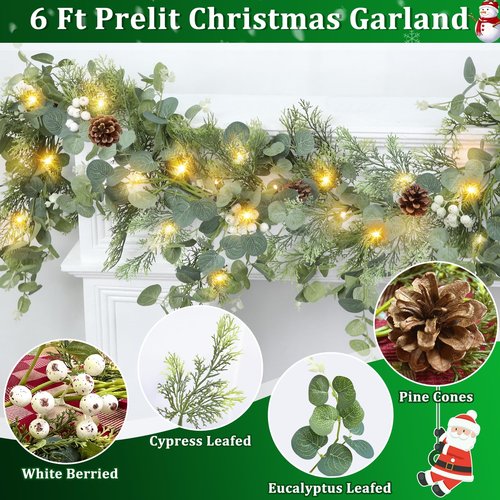 Prelit & Timer - 6 Ft Christmas Garland with Lights, Real Touch Cedar Garland Soft Bendable Thickness Eucalyptus Cypress Pine Garland with Pinecone Berry, Lighted Garlands for Mantle Table Stairs