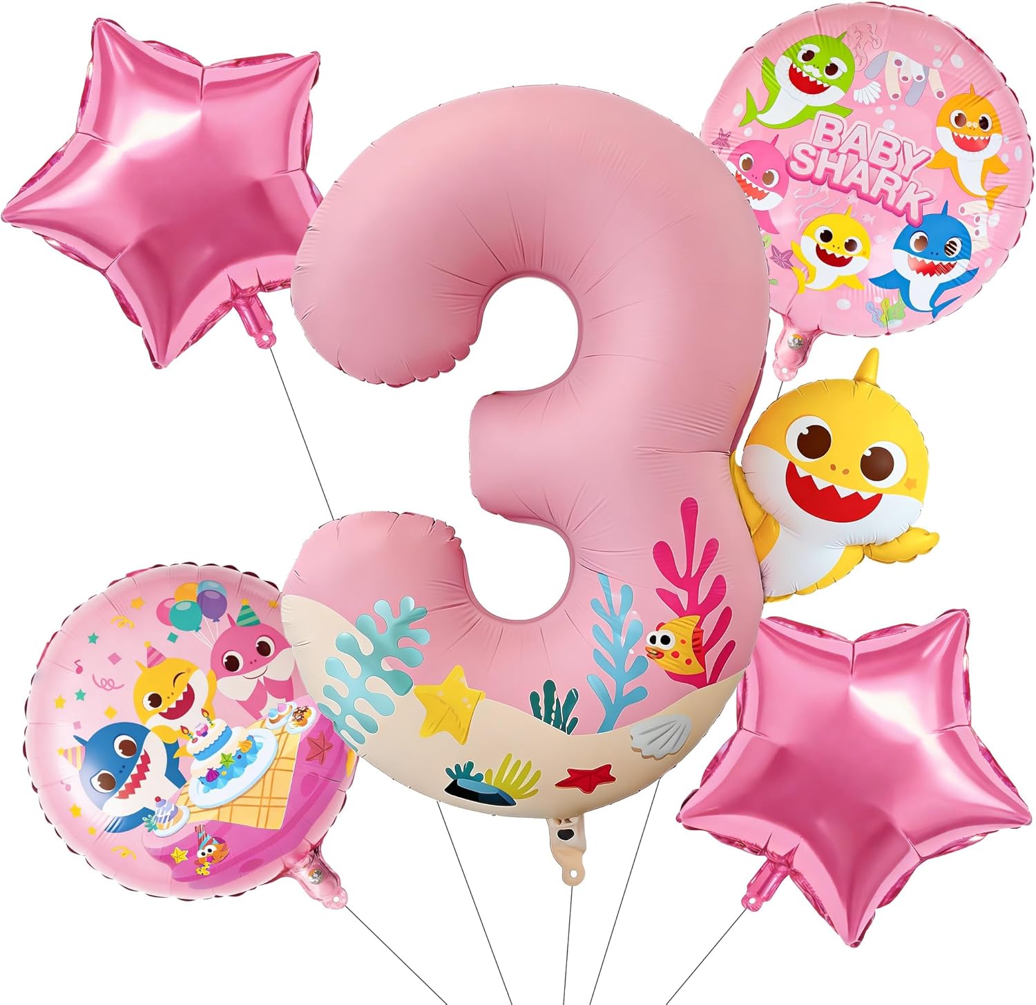 PartyWoo Baby Shark Pink Foil Number 3 Balloon - 5pcs 18-Inch Round Mylar Helium Birthday Decor