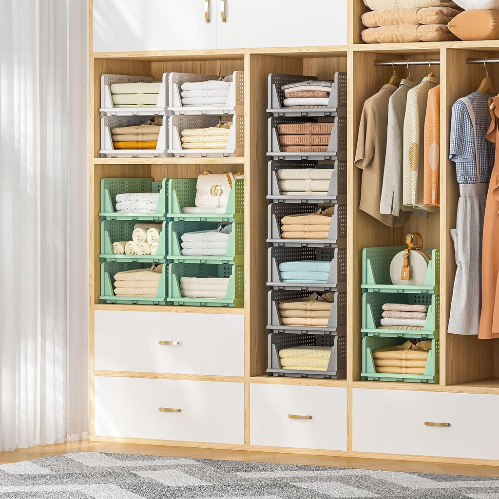 Stackable Plastic Storage Drawers - Closet Organizer with Open Bins for Clothes | 5-Drawer Set in Green