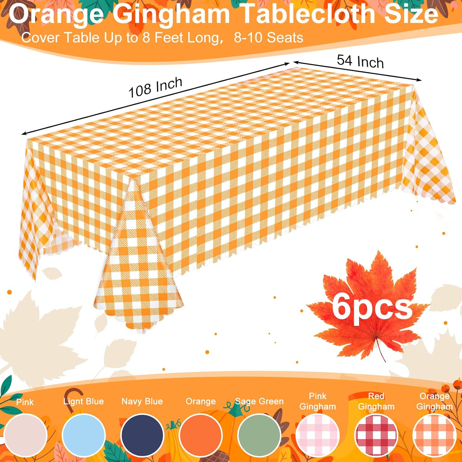 Skiennix 6 Pack Orange Gingham Tablecloths - 54 x 108 Inch Waterproof Disposable Covers for Parties & Picnics