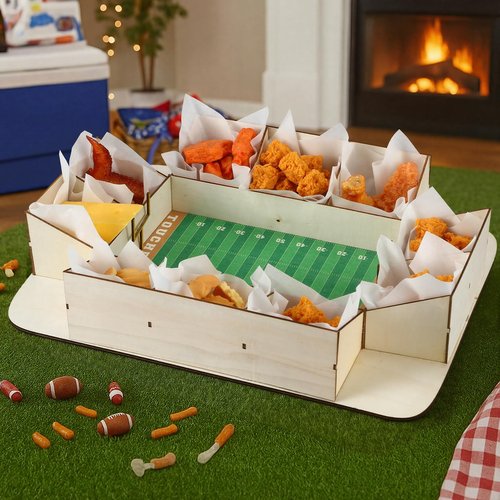 FoldTier Football Charcuterie Board Reusable Wooden Football Stadium Food Tray Sport Party Supplies Kit 50 Pcs Oil-Proof Paper Snack Food Serving Tray for Tailgate Sport Party Table Decorations