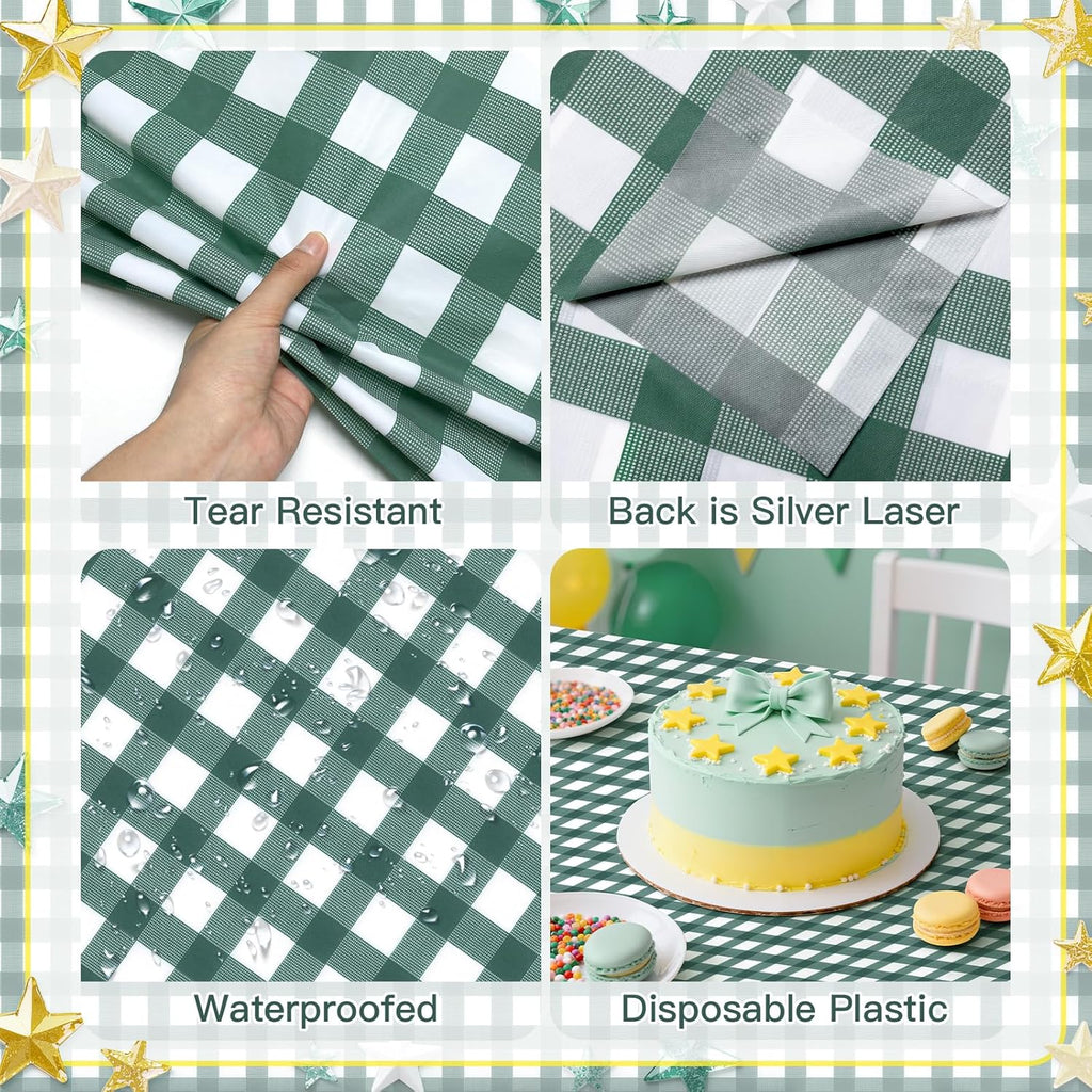 Skiennix Sage Green Striped Gingham Tablecloth - Waterproof Disposable Plastic, 54 x 108 Inch for Events