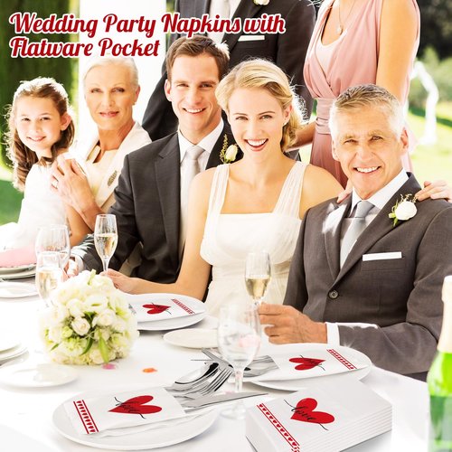 IANFEPH 50 Pack Linen-Feel Paper Napkins with Built-in Flatware Pocket, Prefolded Cloth Like Disposable Dinner Napkins Pocket for Kitchen Wedding Bridal Shower Birthday Party Decor (Valentine Love)