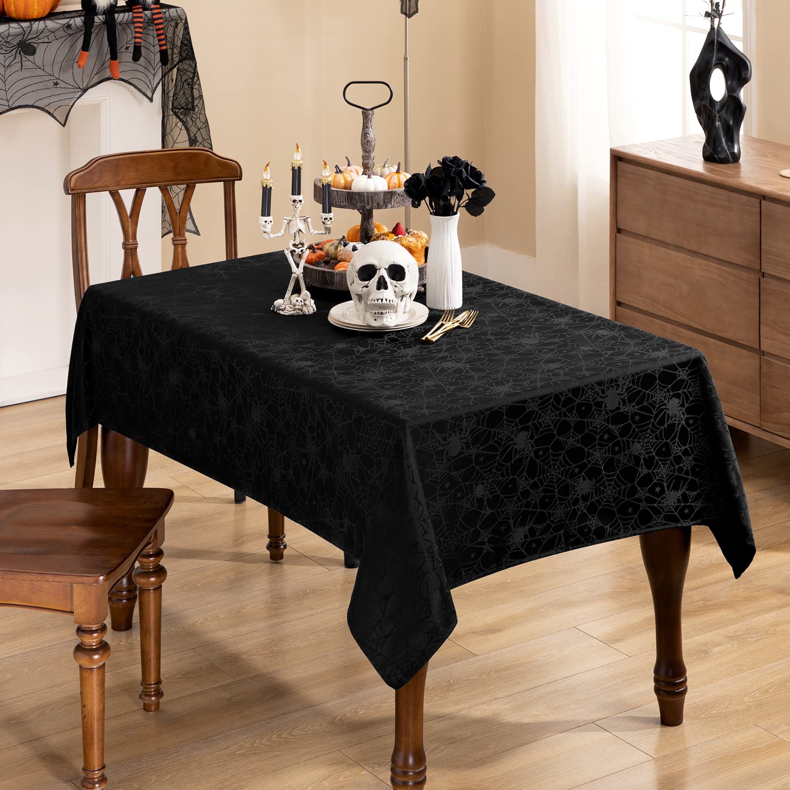 joybest Halloween Tablecloth Black Spider Web Table Cloth Spillproof Fabric Table Cover for Dining Party, Halloween Decorations, Rectangle 60 x 84 Inch