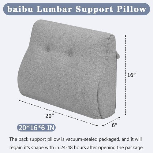 baibu Lumbar Support Pillow for Recliner, Large Memory Foam Dual-Layer Patent Design Back Support Cushion for Sofa & Gaming Chair, Ergonomic Lumbar Pillow with Machine Washable Cover, Light Grey