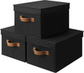 StorageWorks Black Storage Bins - Decorative Foldable Boxes with Lids & PU Handles | Large 3-Pack