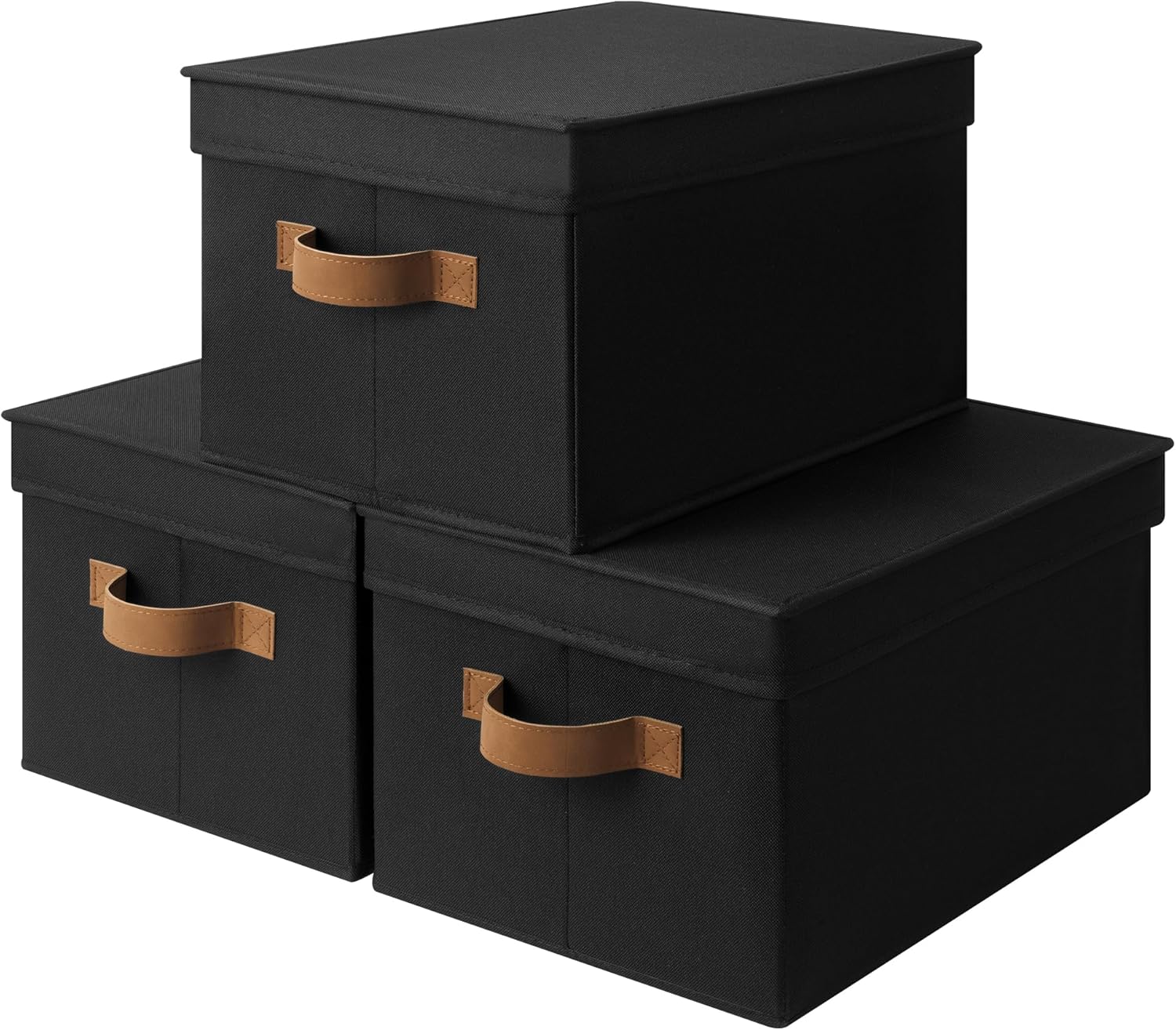 StorageWorks Black Storage Bins - Decorative Foldable Boxes with Lids & PU Handles | Large 3-Pack