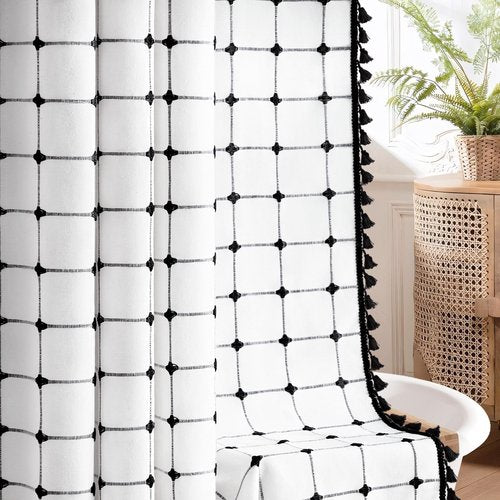 NDDYCU Black and White Shower Curtain Boho Linen Fabric with Embroidered Plaid Pattern and Tassels for Bathroom,72" W×72" L