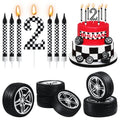 13 Pcs Racing Cars Themed Birthday Candles, Black and White Checkered Birthday Cake Candles, Numeral 2Candle Wheel Tire for Racing Car Party Decoration Theme Party Supplies
