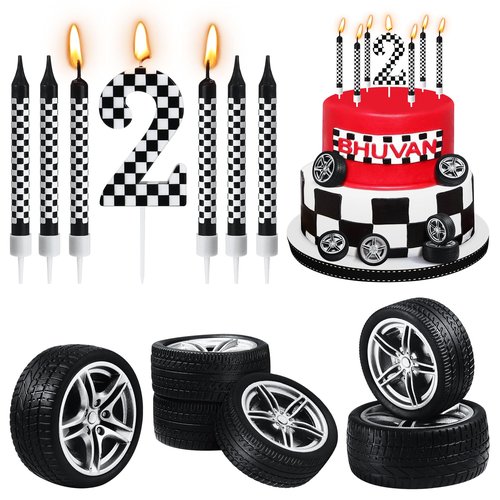 13 Pcs Racing Cars Themed Birthday Candles, Black and White Checkered Birthday Cake Candles, Numeral 2Candle Wheel Tire for Racing Car Party Decoration Theme Party Supplies