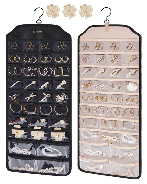 BAGSMART Hanging Jewelry Organizer, Jewelry Holder Organizer Accessories Organizer, 68 Pocket Earring Organizer Organizer for Wall Holding Jewelries,Large Black 1 Piece