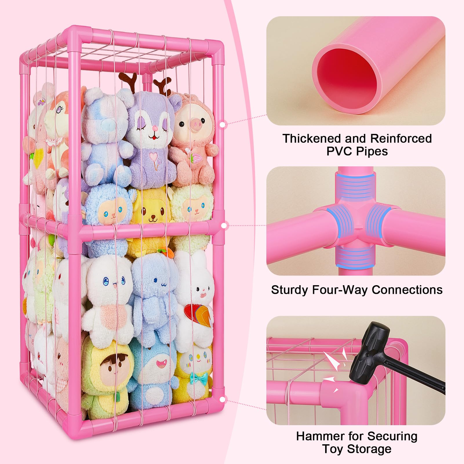 Unicorn Castle Stuffed Animals Storage Organizer with Thicken PVC Tubes Elastic Band Space Save Vertical Plushies Storage Stuffed Animals Zoo Cage for Kids,Pink