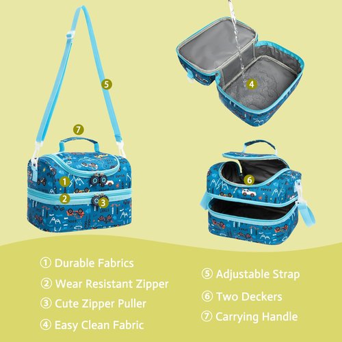 Life on track Insulated Kids Dual Compartment Lunch Bags Tote Pack for Girls Boys Toddler Kindergarten School Picnic Food Cooler Boxes with Shoulder Strap (Blue Car)