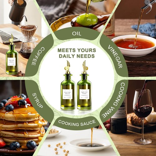 COOLMI Oil Dispenser for Kitchen - 12oz/350ml, Set of 2 Extra Thick Food Grade Glass Olive Oil Dispenser Bottle with Cleaning Brush, Stickers and Funnel (Gold)