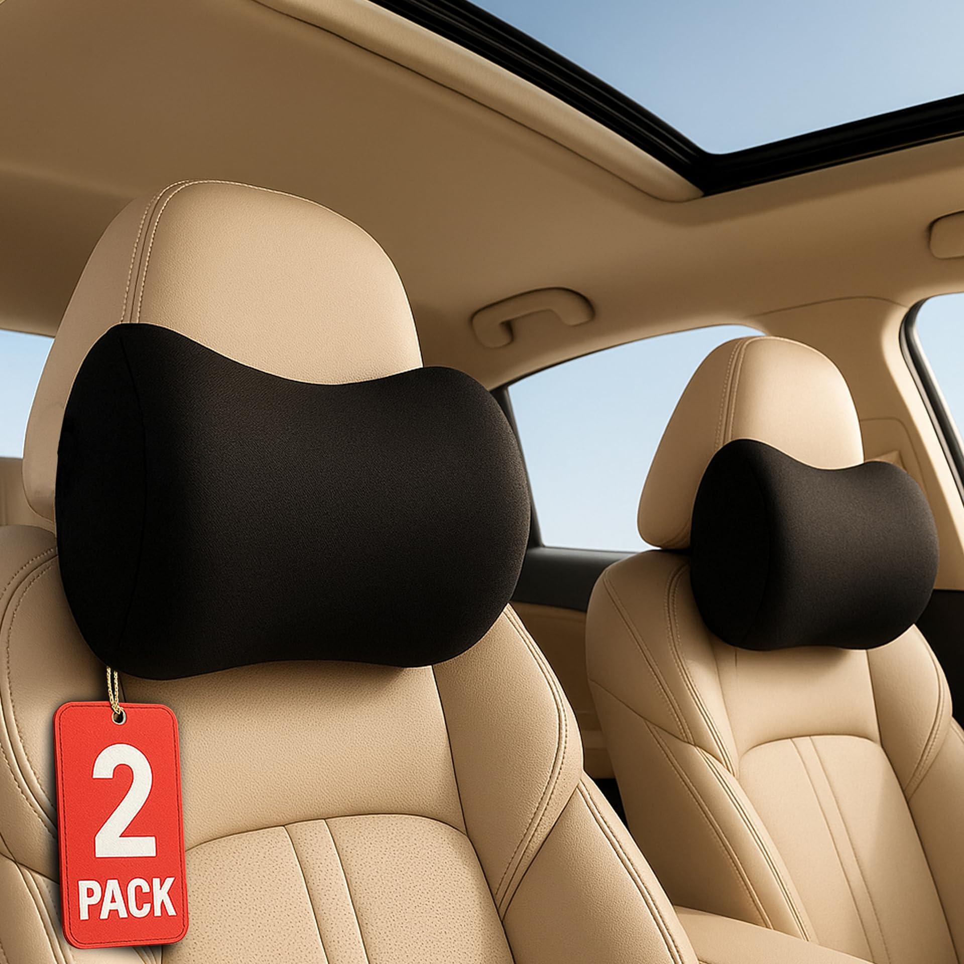 PRIMART 2 Pack Car Neck Pillow, 100% Memory Foam Car Headrest Pillow for Neck Support, Breathable Removable Cover & Adjustable Strap, Ergonomic Design for Driving Comfort, Neck Pain Relief, Travel