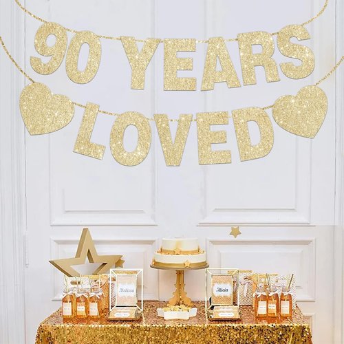 90 Years Loved Banner for 90th Birthday Decorations for Men Women Pre-Strung 90th Birthday Banner 90th Party Decorations Gold Glitter