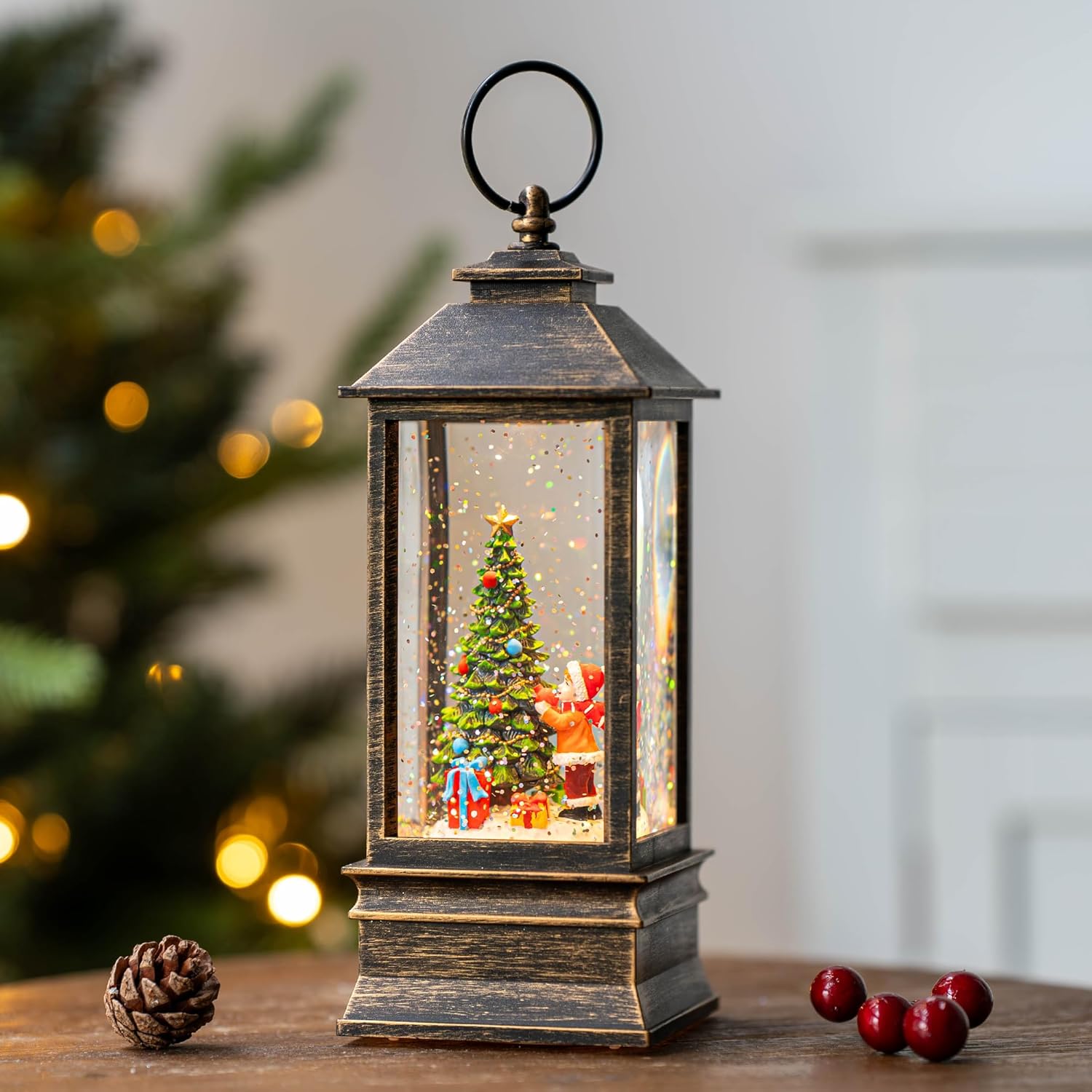 Skiennix 10'' Snow Globe Christmas Lantern - Musical & Lighted with Swirling Glitter | Battery or USB Powered