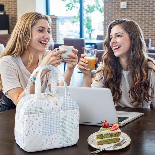 WOBAGMEN Quilted Lunch Box for Women,Coquette Aesthetic Lunch Box for Teen Girls,Cute Floral Lunch Bags for Work, School,Office,Picnic,Travel (green blue pin)