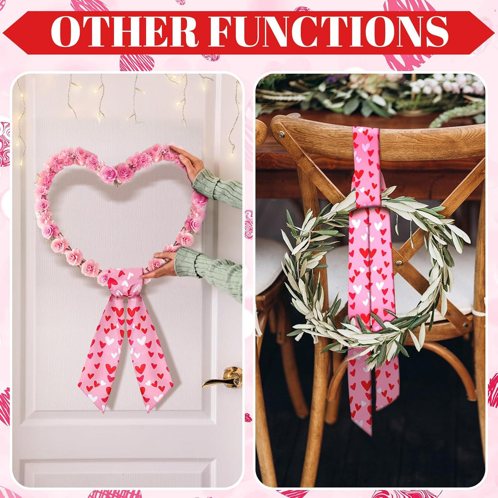 Skiennix Wreath Sash - Satin Blank Sash for Front Door Decor | Romantic Heart Print, Red & Pink
