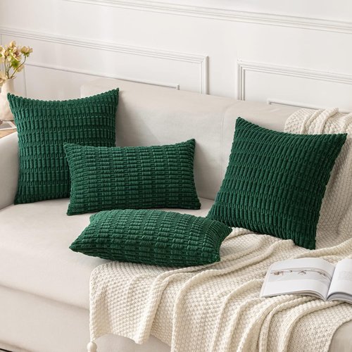 MIULEE Euro Sham Pillow Covers - Soft Dark Green Corduroy | 24x24 Inch Boho Striped Decor for Sofa & Bed