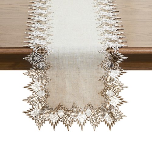 Raedan Natural Linen Table Runner 48 inches Neutral Earth Tones Beige Lace Coffee Table Runners Dresser Scarf for Spring Easter Summer Kitchen Wedding Party, Machine Washable (Natural, 16”x48”)