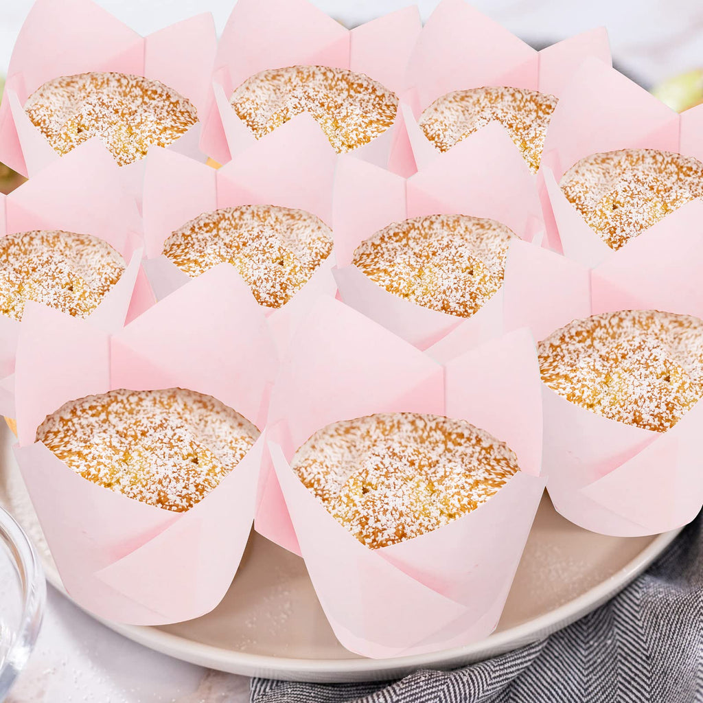 Jutom 200 Pack Tulip Cupcake Liners Paper Baking Cups Greaseproof Muffin Liners Grease Resistant Cupcake Wrappers for Weddings Birthday Cake Balls Muffins Candy Jelly Party(Pink)