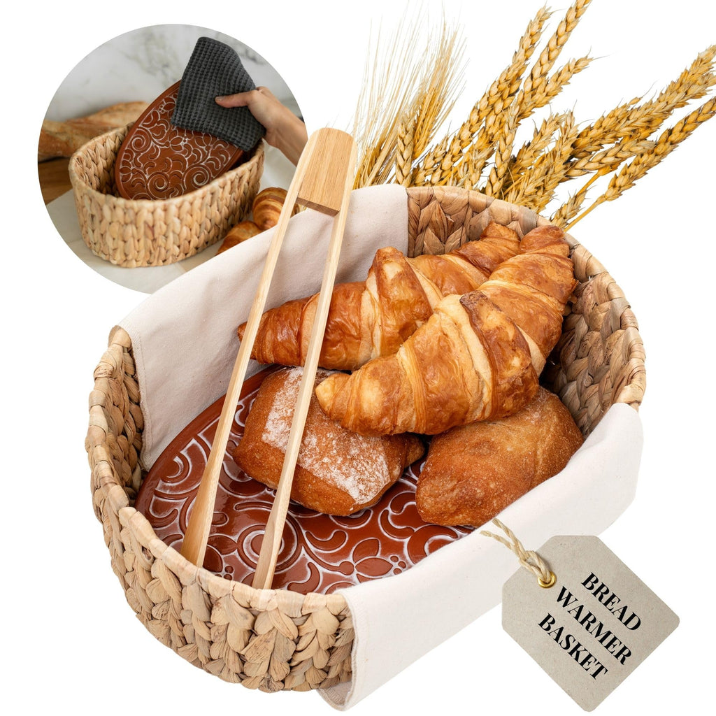 Premium Bread Basket with Warmer – Woven Serving Basket with Terracotta Warming Stone & Tongs, Keeps Bread Warm Longer, Modern Table Basket for Bread, Rolls & Tortillas, Mothers day, Mothers day gift