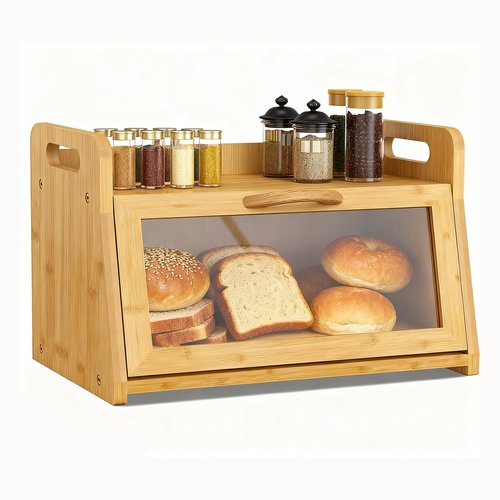 BAMBANG Extra Large Bread Box, Bread Box for Homemade Bread, Bamboo Wooden Bread Storage Container with Tool Holder & Handles & Window, Assembly Required(14.9" x 9.8" x 9.4") Natural