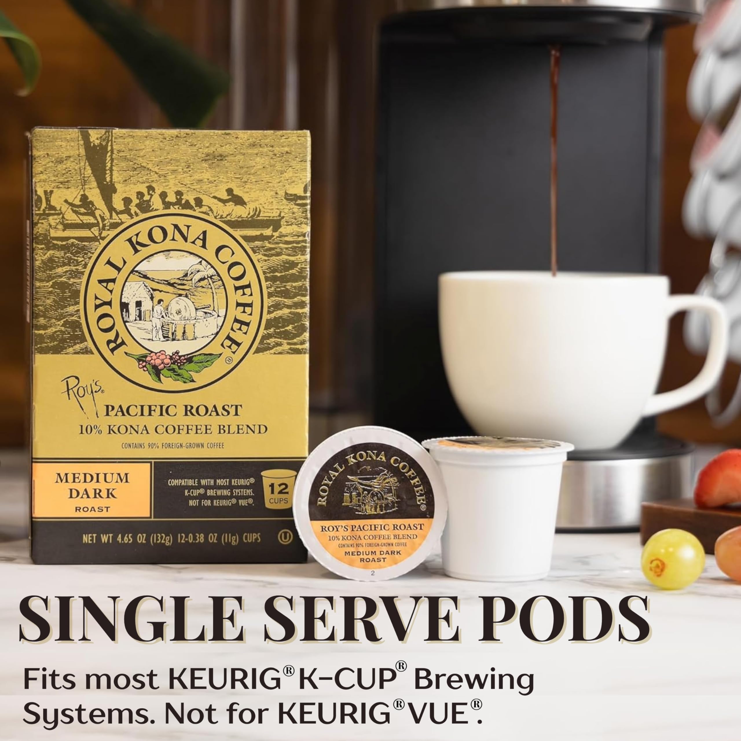 Royal Kona Roy's Pacific Coast, 10% Kona Coffee Blend, Medium-Dark Roast Single-Serve Coffee Pods, Compatible with Pod Brewing Systems, A Taste of Aloha - (12 Count Box)