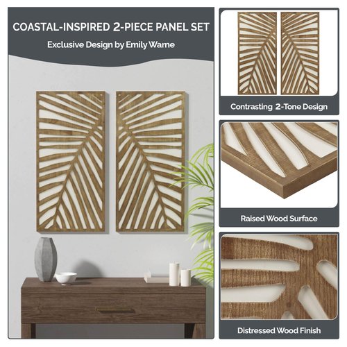 Madison Park Wall Décor for Living Room - Birch Palms Botanical Two-Tone, Home Accent Modern Kitchen Dining Decoration, Ready to Hang 2-Piece Wood Panel Set for Bedroom, 16"W x 32"H, Dark Palm