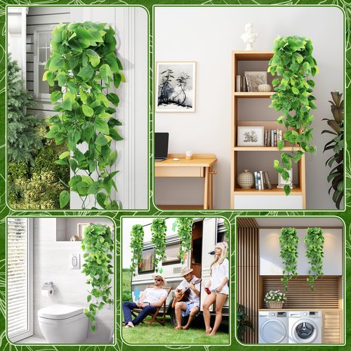 HOREAKHJ 2-Pack Fake Hanging Plants, Faux Hanging Plant Artificial Greenery for Living Room Bedroom Boho Wall Shelf Indoor Outdoor Decor (Green Pothos Ivy Vines)