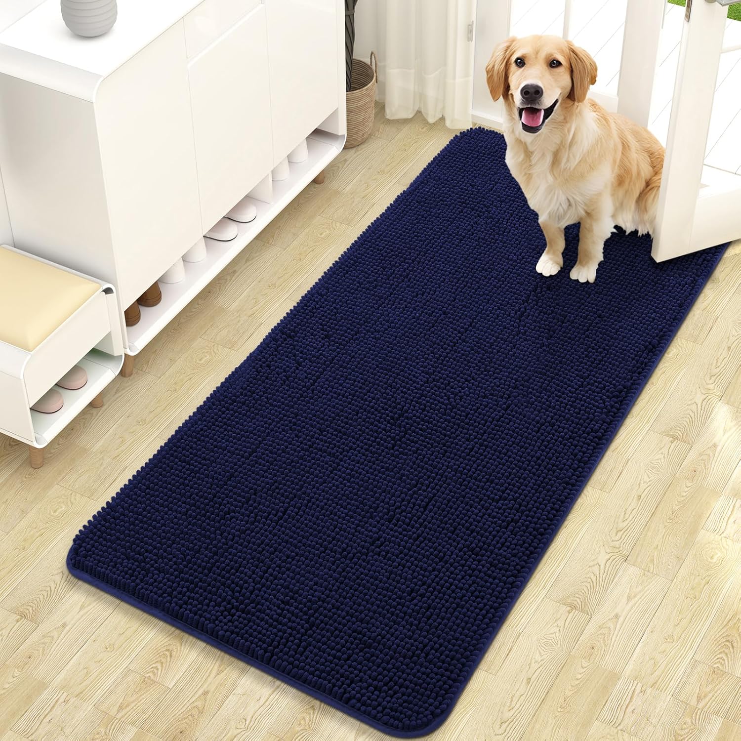 OLANLY Dog Door Mat - Absorbent Non-Slip Chenille Mat for Muddy Paws | 47x24 Inches, Navy Blue