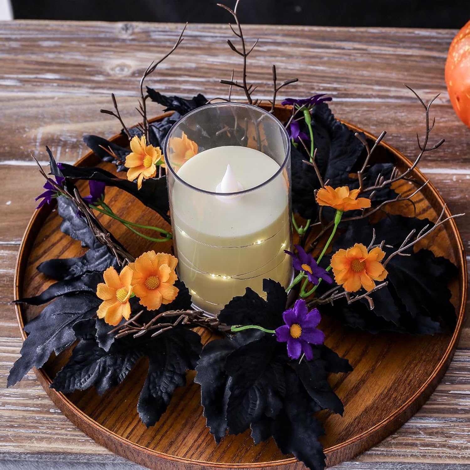 Skiennix Halloween Candle Rings - Artificial Leaves Wreaths for Festive Home Decor | 2 Pack Rose Skull Black