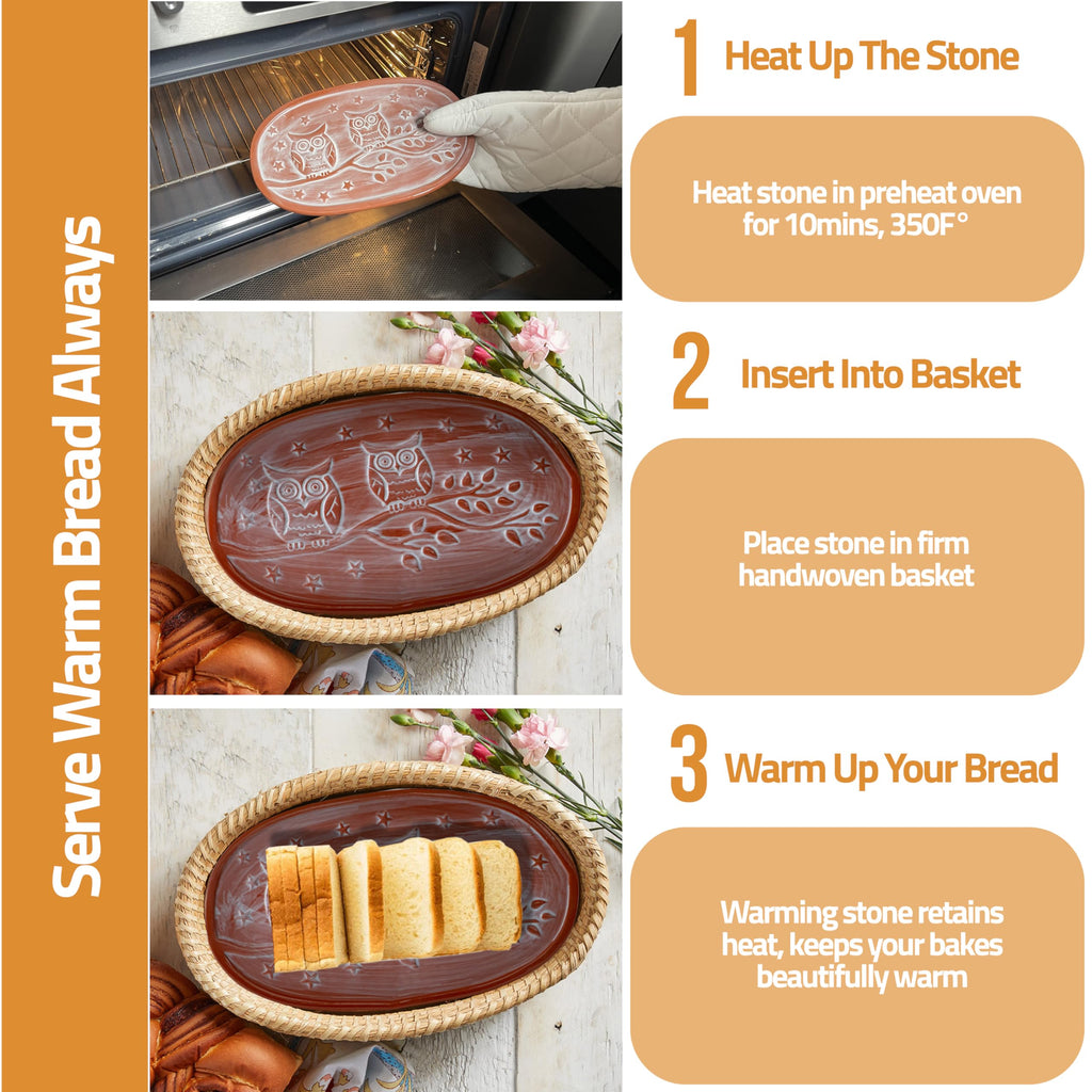 Bread Warmer Basket with Terracotta Stone – Includes Oven Mitts – Keeps Bread Warm – Rustic Gift for Holidays, Housewarming, Dinner Parties – Handwoven Natural Look – Kitchen Table Accessory