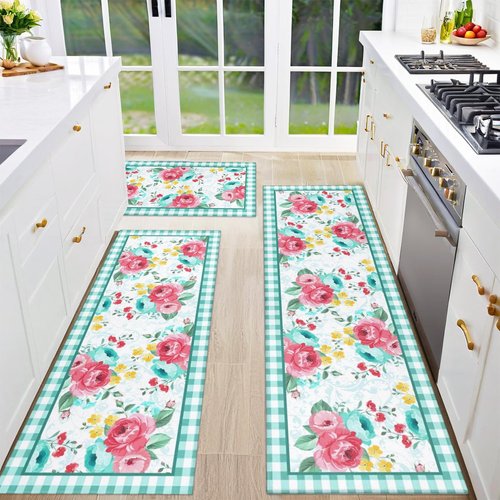 Mofvugz Red Teal Floral Kitchen Rugs and Mats Non-Skid Washable for Floor, Floral Teal Kitchen Decor and Accessories Kitchen Mat Set of 3, 17"x30"+17"x47"+17"x59"
