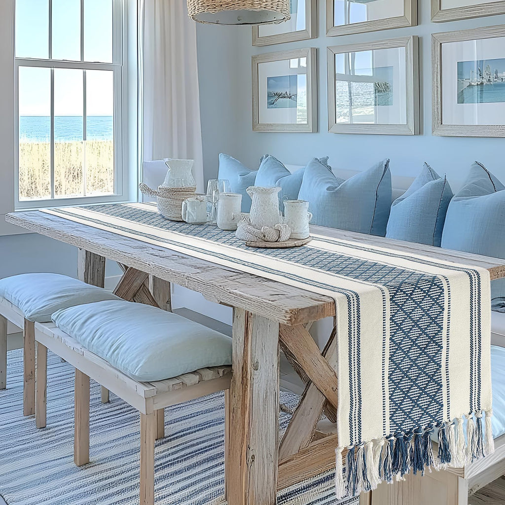 yuboo Blue and White Table Runner Farmhouse Style - Coastal Nautical Woven Table Runner 72 inches Long with Tassels, Dresser Runners for Bedroom, Dining Room, Summer Table Decor