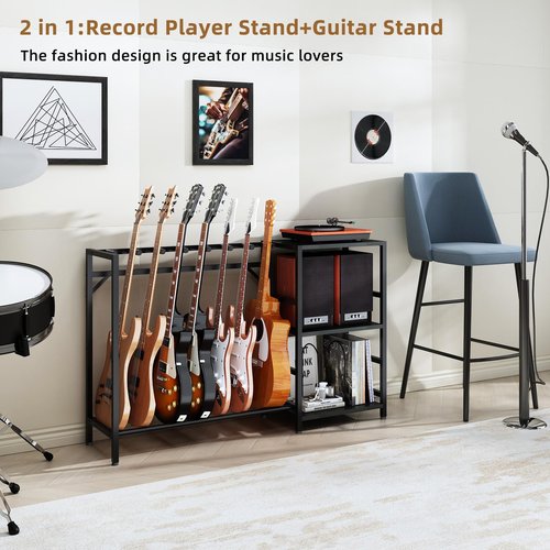 ZHNSYDN Record Player Stand with Guitar Stand, Record Player Table with Guitar Rack, Guitar Holder 7 Space for Multiple Guitars, Bass, Acoustic, Guitar Display for Home Music Studio, Black