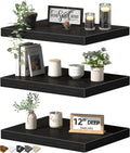QEEIG Floating Shelves - 12" Deep Wall-Mounted Bookshelf Set of 3 for Bathroom, Bedroom & Kitchen - Black
