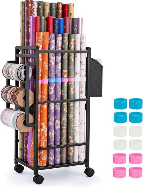 Aquzee Gift Wrapping Paper Organizer - Vertical Storage Cart with 9 Adjustable Rods & 12 PCS Slap Bands | Black