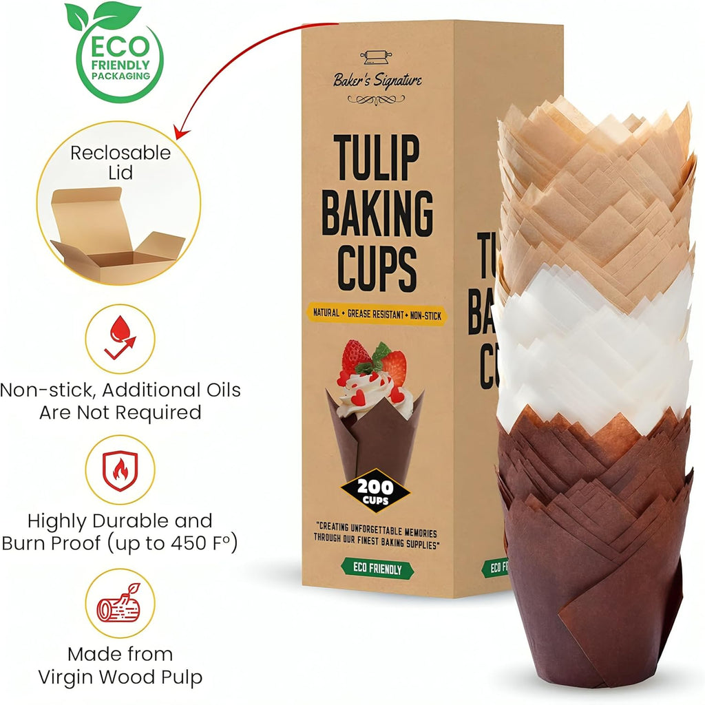 Baker’s Signature Tulip Cupcake Liners - 200 Pcs Greaseproof Muffin Baking Cups | Sturdy Beige & Brown