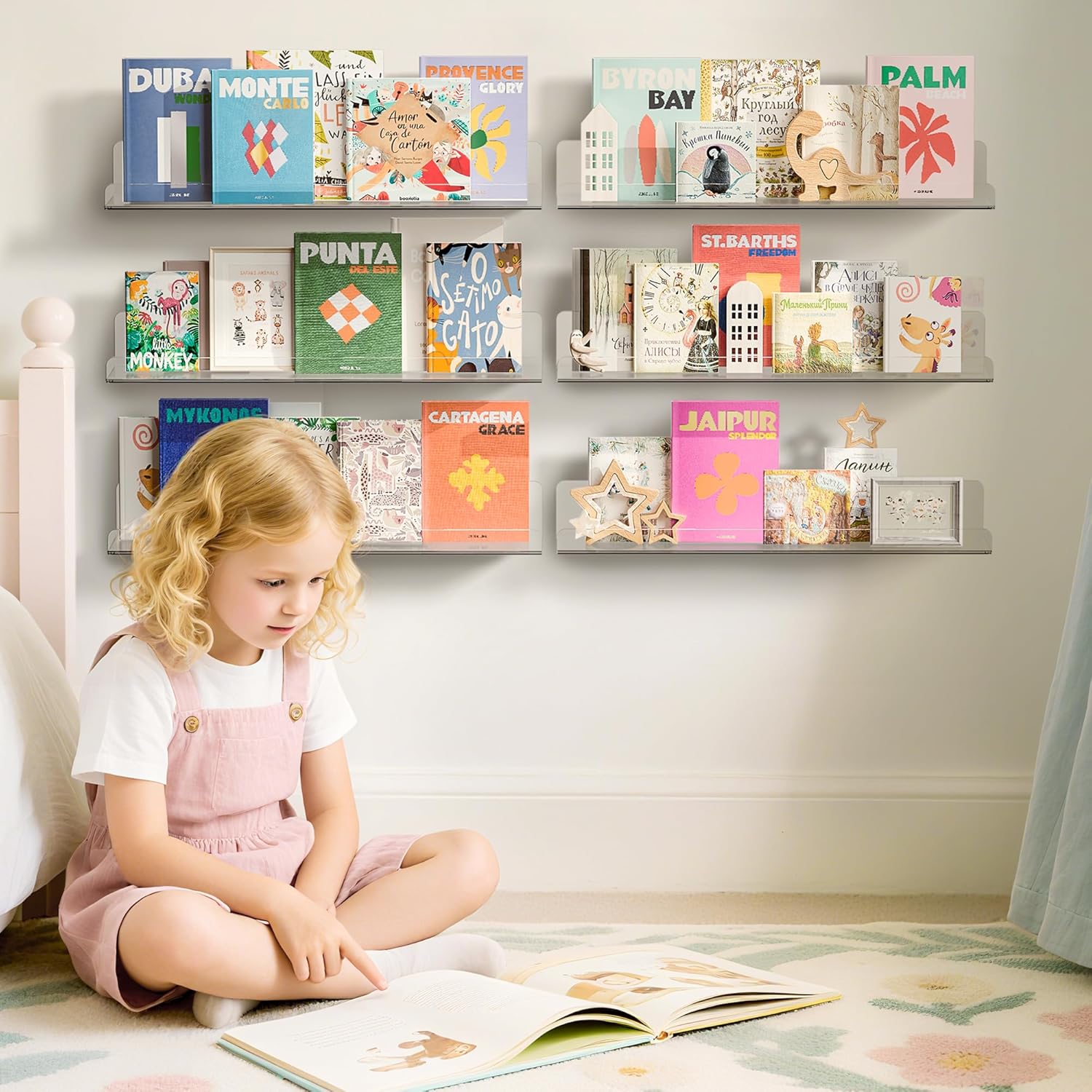 Upsimples 6 Pack Acrylic Floating Shelves - 15" x 4" Wall Storage for Kids' Rooms, Clear Display Organizers