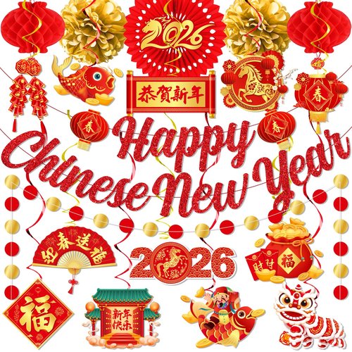 Chinese New Year Decorations 2026, Lunar New Year Decorations includes Happy Chinese New Years Banner Hanging Swirls and Red Lanterns, Year of the Horse Party Supplies for Home Office